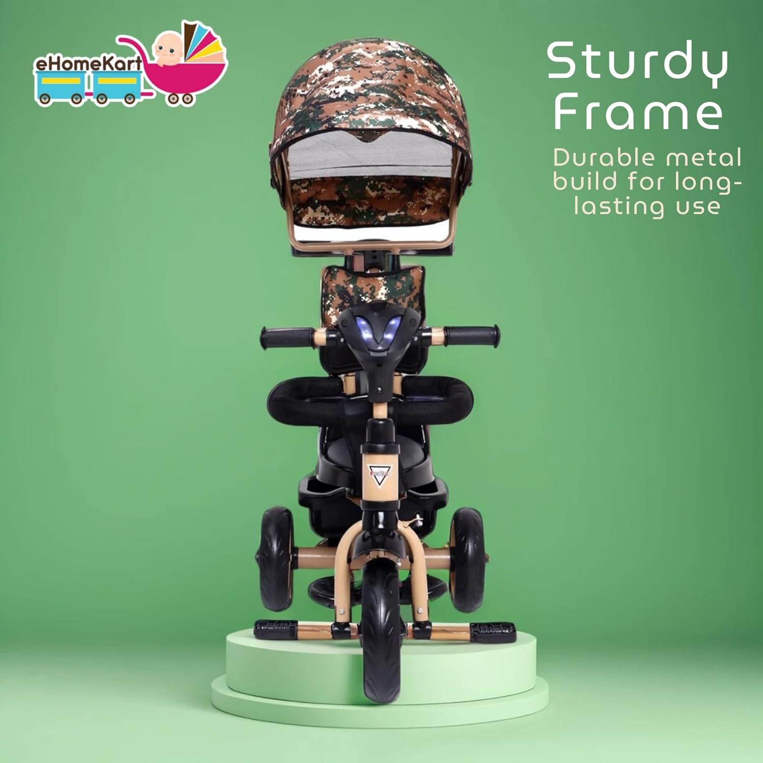 Aster 4-in-1 Musical Trike for Kids in beige and black, with a unique camouflage print sun canopy, convertible design from stroller to tricycle, removable parent push handle, safety harness, footrests, and musical features. Perfect for U SMILE TOYS outdoor play. www.usmile.toys